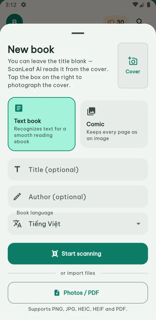 New book screen: choose text book or comic, start scanning or import photos and PDFs