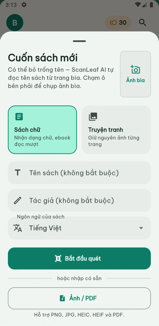 Màn tạo sách mới: chọn sách chữ hoặc truyện tranh, bắt đầu quét hoặc nhập ảnh, PDF